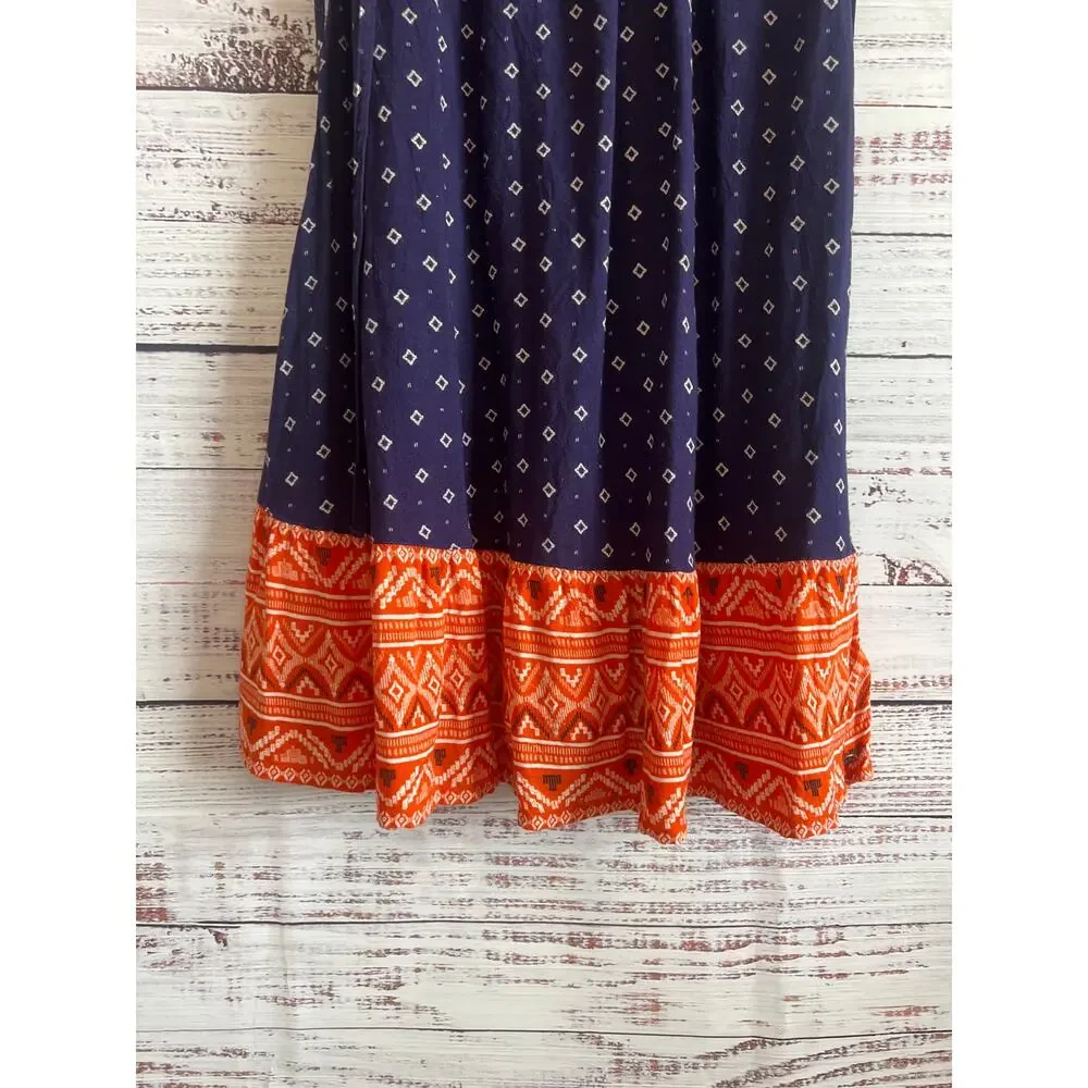 ROXY Shadow Play Tank Sundress flowy navy blue batik-style print coral hem S - Picture 4 of 12